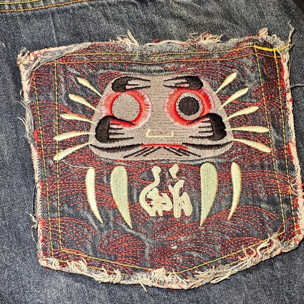 RMC Red Monkey Mens Jean Shorts 38 Denim Button Fly Embroidered Pocket & Hem Y2K